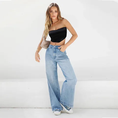 Women High Waist Wide Leg Jeans Retro Washed Loose Baggy Denim Pants Casual Streetwear Straight Trousers For Daily Wear