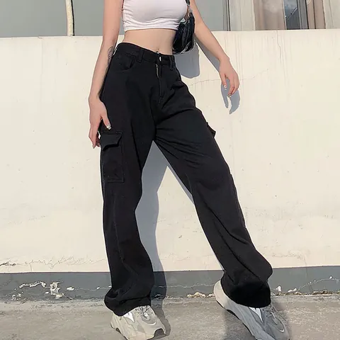 Women High Waist Cargo Denim Pants Loose Straight Wide Leg Jeans Streetwear Casual Solid Color Long Bottoms With Pockets