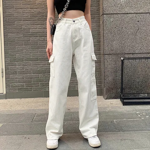Women High Waist Cargo Denim Pants Loose Straight Wide Leg Jeans Streetwear Casual Solid Color Long Bottoms With Pockets