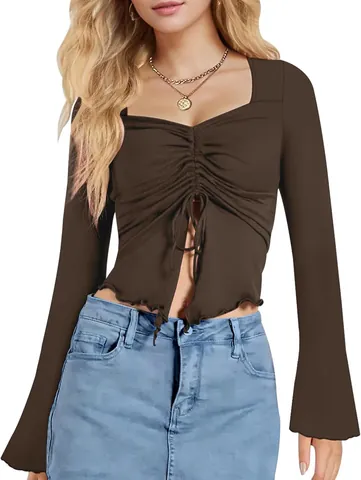T-Shirt Ajusté à Cordon de Serrage pour Femmes Manches Longues Cloche Col Carré Couleur Unie Décontracté Printemps Été