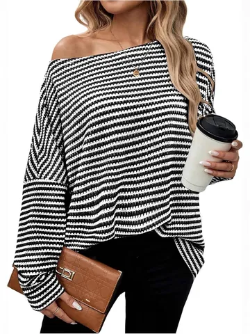 Koreanischer Stil Locker Gestreift Strickpullover Damen Lazy Style Rundhalsausschnitt Langarm Kontrastfarbe Top Frühling Herbst Strickwaren