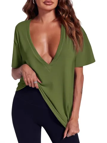 Women's Sexy Deep V-Neck T-Shirt Summer Short Sleeve Tops Casual Loose Basic Solid Color Polyester Knitted Tee Top