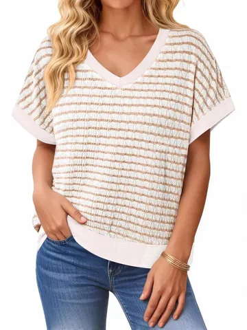 Women's Casual Striped Knitted T-Shirt V-Neck Short Sleeve Loose Fit Polyester Top Summer Fashion Urban Style Upper Garment