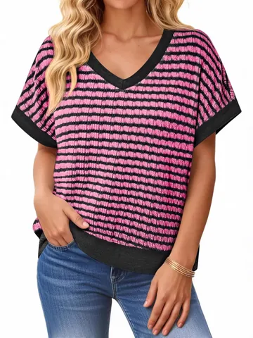 Women's Casual Striped Knitted T-Shirt V-Neck Short Sleeve Loose Fit Polyester Top Summer Fashion Urban Style Upper Garment