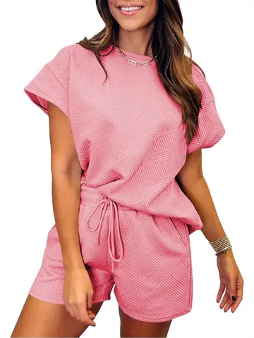Women Top And Bottom Casual Summer Textured Fabric Round Neck Short Sleeve Top And Shorts Set Comfortable Loungewear Outfit