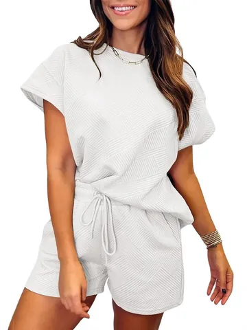 Women Top And Bottom Casual Summer Textured Fabric Round Neck Short Sleeve Top And Shorts Set Comfortable Loungewear Outfit