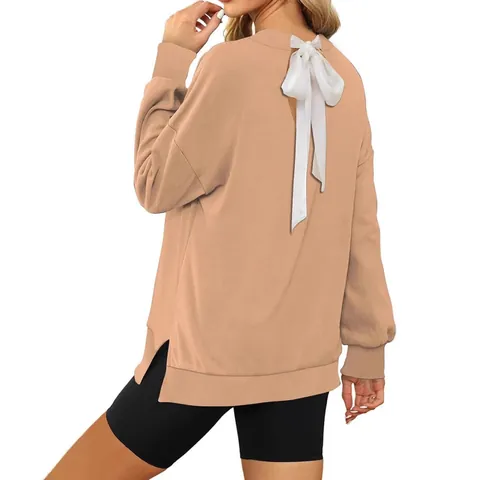 Sudadera Casual Holgada de Cuello Redondo para Mujer Color Sólido Lazo en la Espalda Manga Larga Top Abertura Lateral Moda Otoño