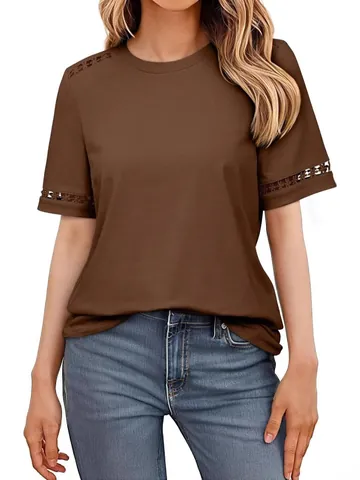 Γυναικείο Casual T-Shirt από Πολυεστέρα Στρογγυλή Λαιμόκοψη Δαντέλα Μπαλώματα Κοντό Μανίκι Καλοκαιρινό Μπλουζάκι