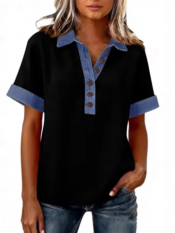 Dames Zomer Polo Shirt Korte Mouw Denim Patchwork Los Casual T-Shirt Contrast Afwerking Revers Knoop Top