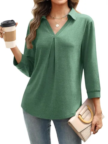 Women V Neck Pleated Blouse Elegant Long Sleeve Pullover Tops Fall Loose Fashion Office Lady Solid Polyester Shirt