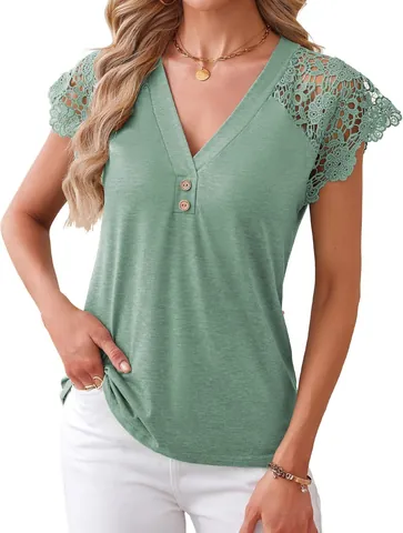 Women's Casual Cotton V-Neck Short Sleeve Top With Lace Patchwork Loose Fit Button Decor Tee Shirt For Summer Daily Travel