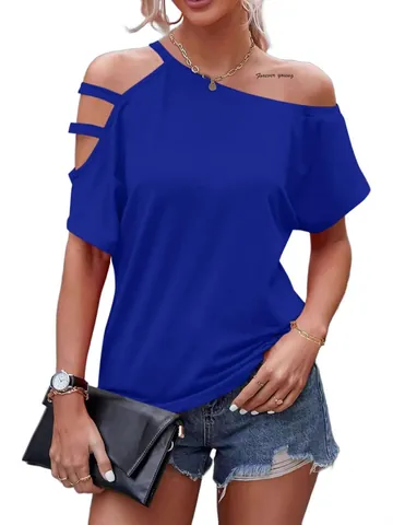 Women Casual Cold Shoulder T-Shirt Sexy Asymmetrical Neckline Short Sleeve Top Summer Loose Tee Cut Out Solid Color Top