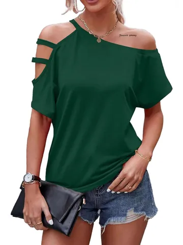 Women Casual Cold Shoulder T-Shirt Sexy Asymmetrical Neckline Short Sleeve Top Summer Loose Tee Cut Out Solid Color Top