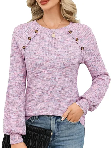 Dames Casual Wafelbreisel Lange Mouwen Polyester T-Shirt Knoop Decor Raglan Ronde Hals Top Losse Pasvorm Gebreide Kleding