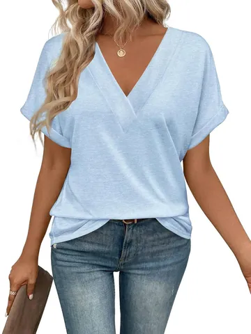 Women V-Neck Short Sleeve T-Shirt Loose Fit Plus Size Summer Casual Solid Color Soft Polyester Top Comfort Fashion Tee