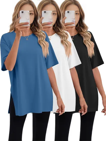Women Casual Loose Side Split T-Shirt Round Neck Short Sleeve Top Solid Color Soft Polyester Mid-length Basic Tee