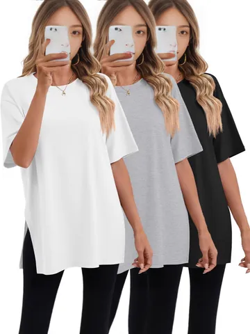 Women Casual Loose Side Split T-Shirt Round Neck Short Sleeve Top Solid Color Soft Polyester Mid-length Basic Tee