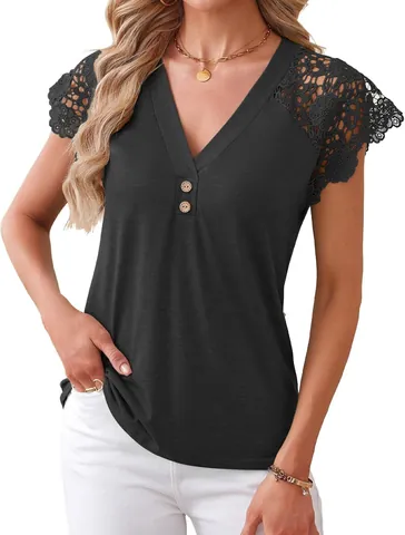 Women's Casual Cotton V-Neck Short Sleeve Top With Lace Patchwork Loose Fit Button Decor Tee Shirt For Summer Daily Travel