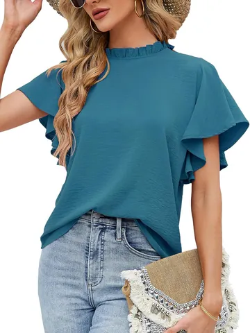 Women Elegant Ruffle Sleeve Blouse Summer Pleated Mock Neck Top Solid Color Casual Working Shirt Blouse For Women Polyester