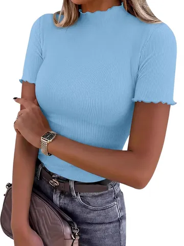 T-Shirt à Manches Courtes pour Femmes Col Montant Bordure Ondulée Tricot Côtelé Coupe Ajustée Basique Décontracté Haut Été