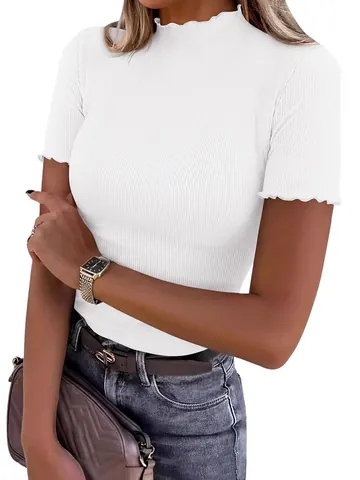 T-Shirt à Manches Courtes pour Femmes Col Montant Bordure Ondulée Tricot Côtelé Coupe Ajustée Basique Décontracté Haut Été