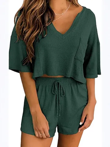 Tuta da Casa da Donna Casual in Maglia a Nido d'Ape Top e Pantaloni Scollo a V Manica Corta e Pantaloncini con Coulisse