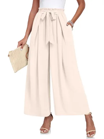 Pantalones Casuales de Cintura Alta y Pierna Ancha para Mujer Con Cinturón de Lazo Plisado Suelto de Poliéster para Verano Primavera Color Sólido