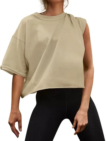 Damen Baumwolle T-Shirt Lockere Passform Rundhals Kurzarm Asymmetrisches Design Sport Yoga Top Fitness Workout Lässig