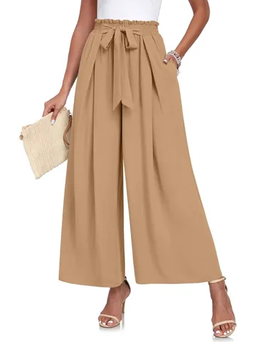 Pantalones Casuales de Cintura Alta y Pierna Ancha para Mujer Con Cinturón de Lazo Plisado Suelto de Poliéster para Verano Primavera Color Sólido