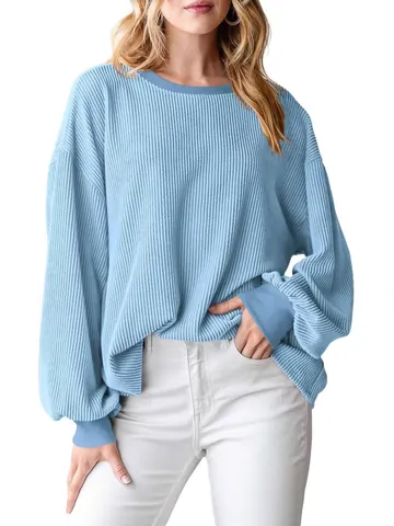 Women's Casual Ribbed Long Sleeve T-Shirt Loose Fit Pullover Sweatshirt Round Neck Solid Color Polyester Top Autumn Winter Comfort Clothing