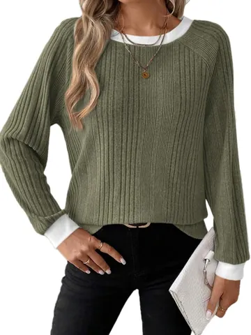 Vrouwen Casual Lange Mouw T-Shirt Polyester Geribbelde Contrast Raglanmouwen Ronde Hals Fleece Pullover Top