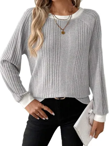 Vrouwen Casual Lange Mouw T-Shirt Polyester Geribbelde Contrast Raglanmouwen Ronde Hals Fleece Pullover Top