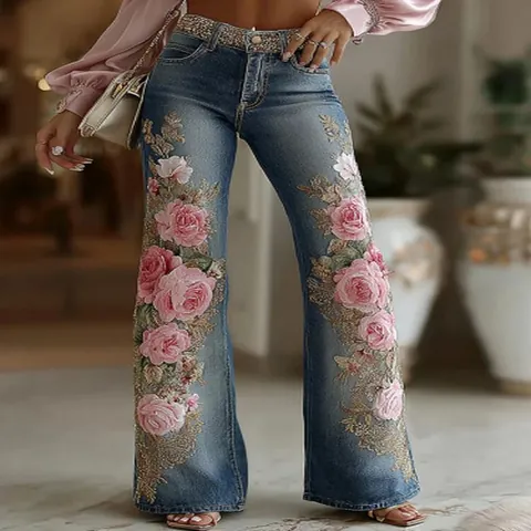Vintage Women Embroidered Rose Print Imitation Denim Flare Pants Mid Waist Retro Floral Polyester Trousers Casual Bottom