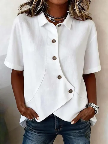 Women Casual Cotton Linen Blouse Irregular Hem Short Sleeve Shirt V-Neck Asymmetric Button Down Top For Summer Daily Wear