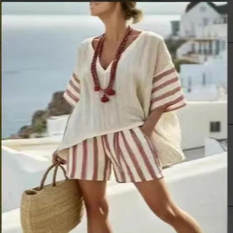 Donna Top And Bottom con Scollo a V Manica Corta Stampato a Strisce in Poliestere Set Estivo Casual Abbigliamento per Vacanze