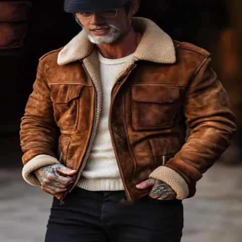 Men's Winter Sherpa Lined Jacket Wool Blend Lapel Collar Zipper Outerwear Casual Business Thick Warm Fleece Coat Top