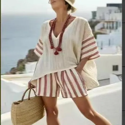 Donna Top And Bottom con Scollo a V Manica Corta Stampato a Strisce in Poliestere Set Estivo Casual Abbigliamento per Vacanze