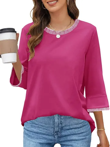 Women's Casual Round Neck Polyester T-Shirt Contrast Ribbed Short Sleeve Loose Top Solid Color Knit Patchwork Tee