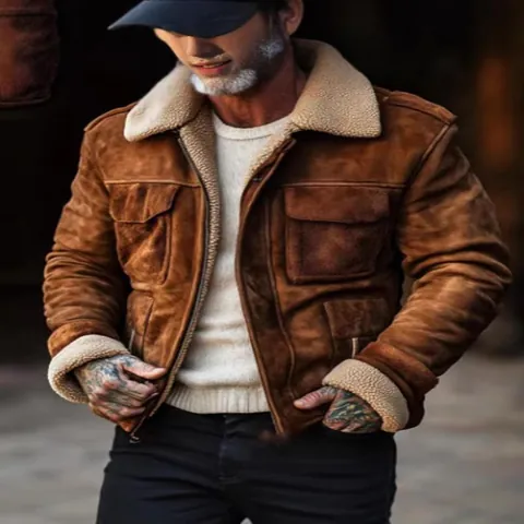 Men's Winter Sherpa Lined Jacket Wool Blend Lapel Collar Zipper Outerwear Casual Business Thick Warm Fleece Coat Top