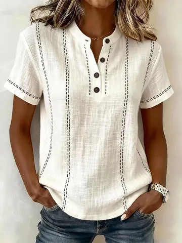 Chemise Femme en Coton et Lin Col Montant Manches Courtes Top Minimaliste Couleur Unie avec Surpiqûres Décoratives Blouse Brodée