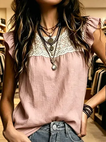 Women Lace Patchwork Flutter Sleeve Top Round Neck Solid Color Casual Boho Blouse Polyester Ruffle Summer Fashion Shirt Top