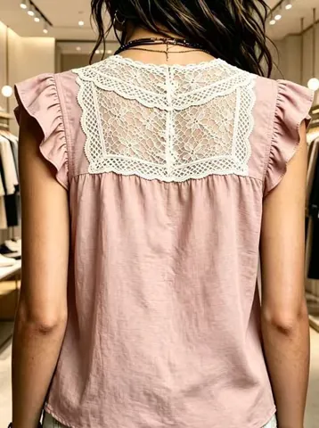 Women Lace Patchwork Flutter Sleeve Top Round Neck Solid Color Casual Boho Blouse Polyester Ruffle Summer Fashion Shirt Top