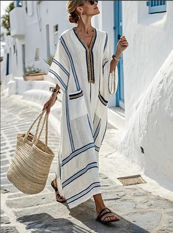 Women V Neck Loose Kaftan Maxi Dress Summer Bohemian Stripe Print Short Sleeve Dress Plus Size Casual Beach Party Dress