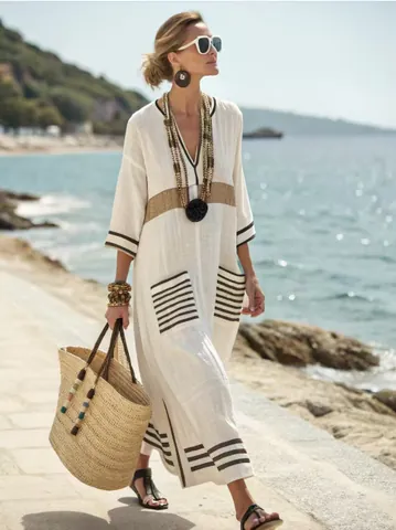 Women V Neck Loose Kaftan Maxi Dress Summer Bohemian Stripe Print Short Sleeve Dress Plus Size Casual Beach Party Dress