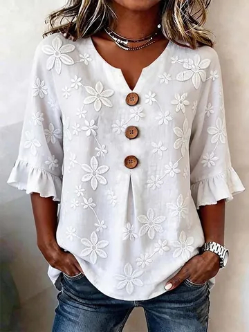 Women Casual V-Neck Embroidered Blouse Loose White Floral Embroidery Top With Ruffle Sleeves And Wood Buttons Boho Shirt
