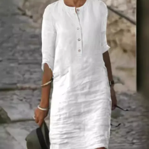 Women Cotton Linen Dress Round Neck Buttons 3/4 Sleeve Loose Plus Size Midi Dresses Solid Color Casual Commute Dress
