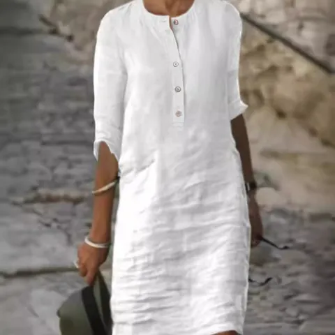 Women Cotton Linen Dress Round Neck Buttons 3/4 Sleeve Loose Plus Size Midi Dresses Solid Color Casual Commute Dress