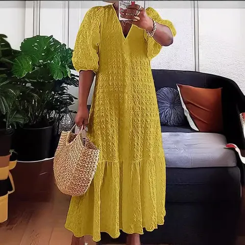 Damen V-Ausschnitt Knopfleiste Falten Locker Lässig Maxi Kleid Polyester Crinkle Stoff Sommer Einfarbig Kurzarm Langes Kleid