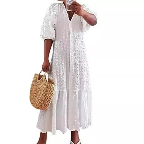 Damen V-Ausschnitt Knopfleiste Falten Locker Lässig Maxi Kleid Polyester Crinkle Stoff Sommer Einfarbig Kurzarm Langes Kleid