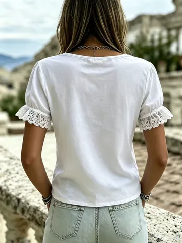 Women's Plus Size Daisy Floral Print T-Shirt Round Neck Lace Patchwork Cuff Casual Short Sleeve Polyester Top White